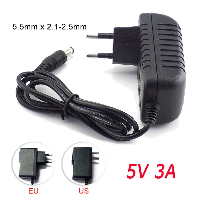 Adaptador de carregador de alimentação para Strip LED TV Box, UE e EUA Plug, Switch 5.5mm x 2.1-2.5mm, DC 5V, 3A, 3000mA, 100V-240V