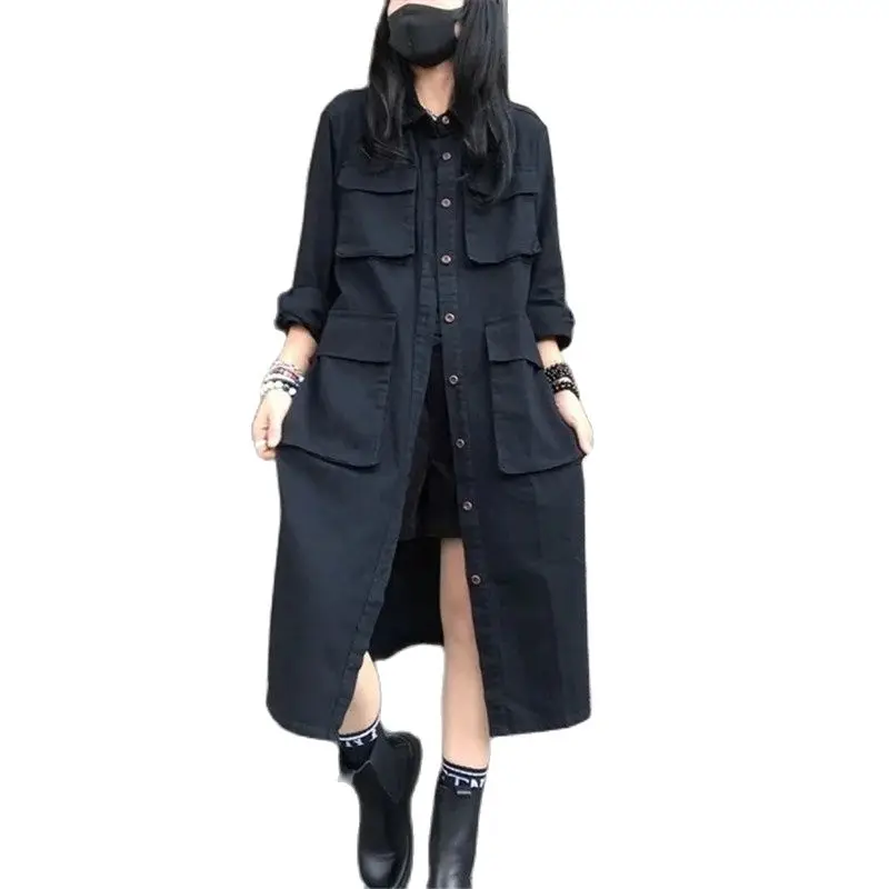 

2023 New Spring Autumn Loose Ladies Windbreaker Turndown Collar Single-Breasted Coat Long Pocket Casual Joker Women Jacket