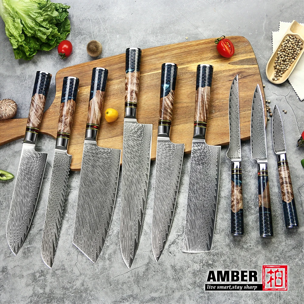 Amber 1-9pcs Kitchen Knife Set 67 Layers Custom Damascus Steel 15°±1 Per Side Steel Blade with Resin and burl wood Handle