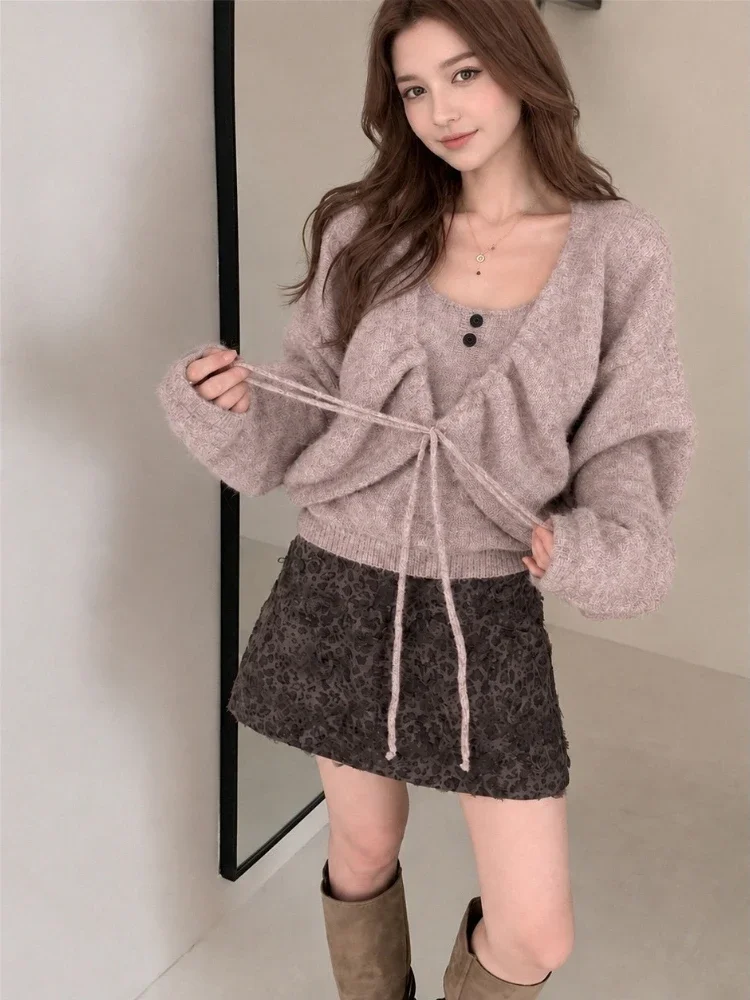 Autumn Winter Elegant V Neck Drawstring Waist Two Piece Knitted Cardigan Sweater with Cami Top Outerwear Classic Trendy Cardigan