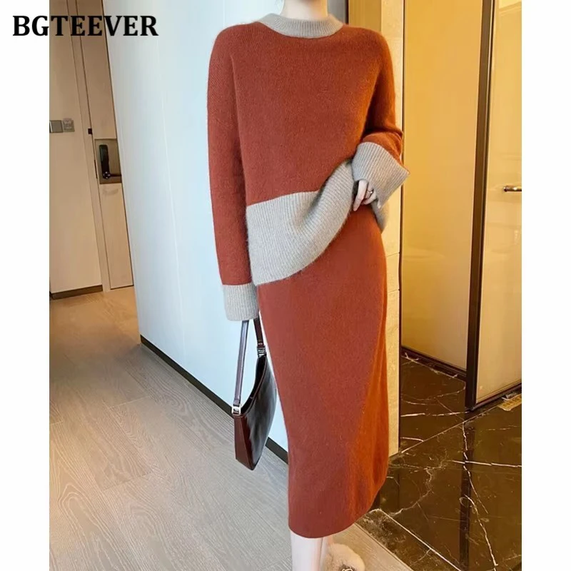 

BGTEEVER Elegant Ladies 2 Pieces Knitted Skirt Set Patchwork Sweaters & Elastic Waist Straight Skirts Winter Sweater Set Women