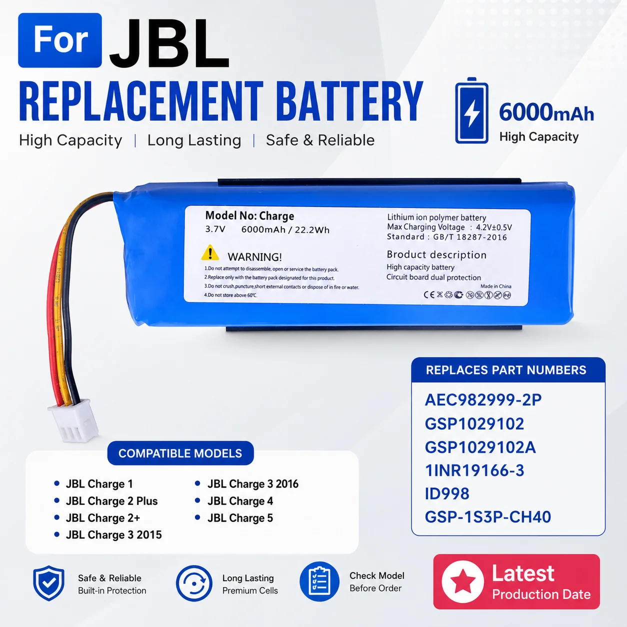 New High Capacity Speaker Battery for JBL Charge 1/2/2+/3/4/5 Bluetooth Speaker Long Lasting Replacement Cell Stable Performance