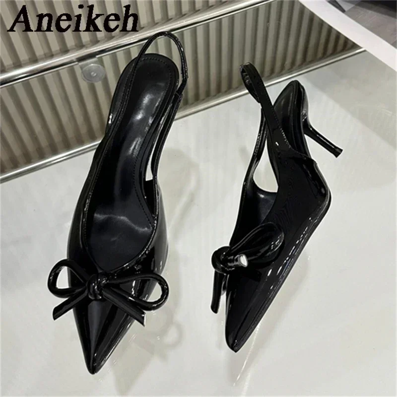 

Aneikeh 2025 Autumn New Red Patent Leather Bow Decoration Pointed High-heeled Mules Shoes Single Back Sandals for Women Slip-On