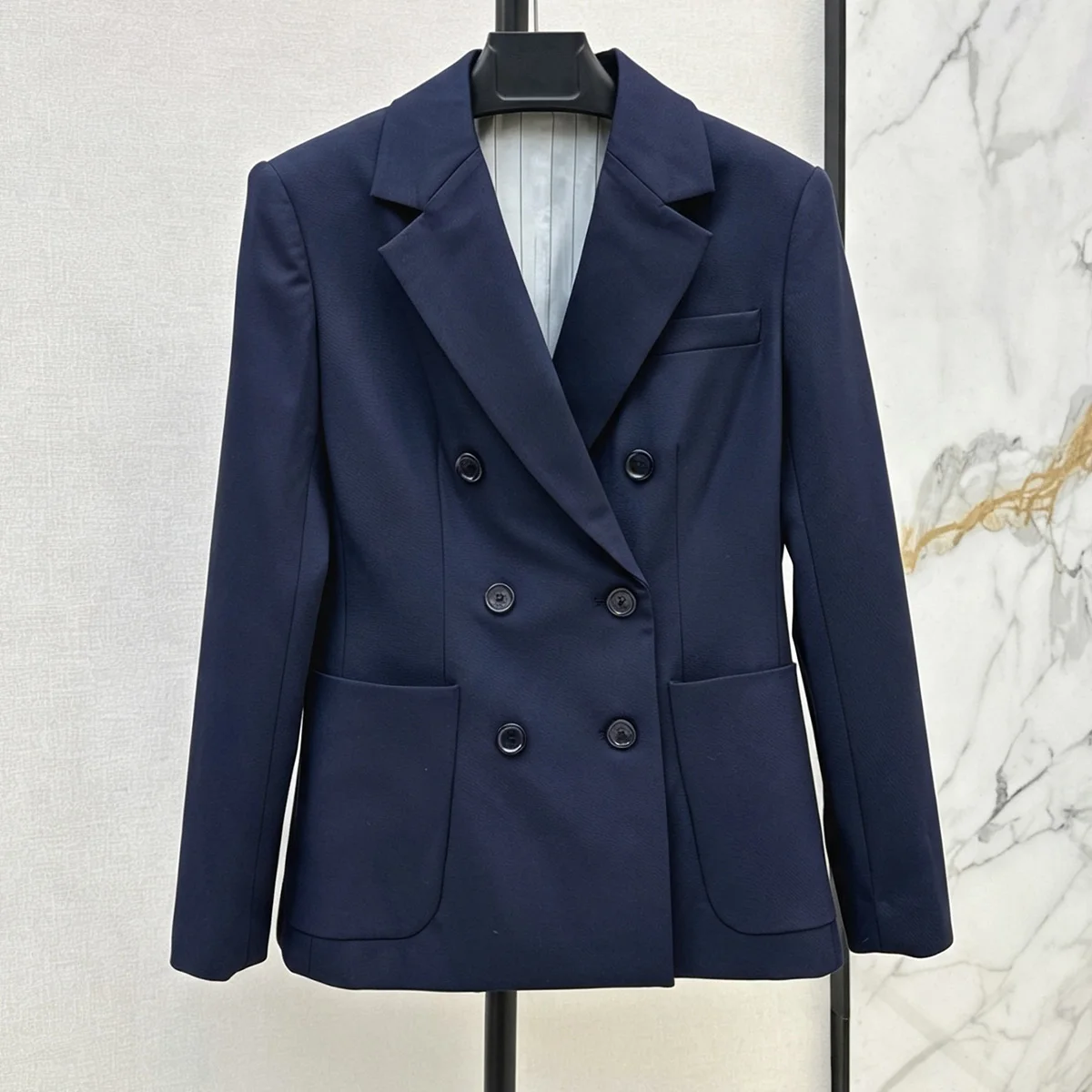 High Quality Women Double Breasted Blazer Notched Lapel Solid Navy Long Sleeve Office Lady Suit Jacket With Pockets lyt26812209