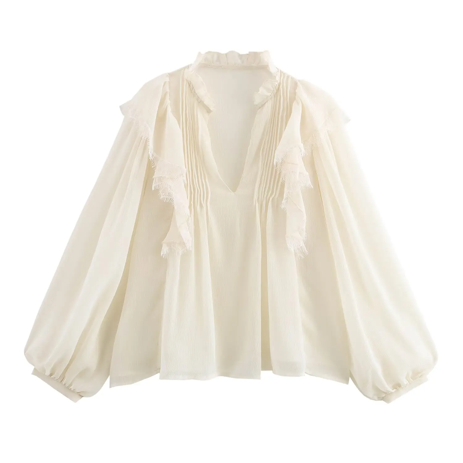 

2025 new women's clothing European and American style lace layered decoration temperament V-neck long-sleeved shirt