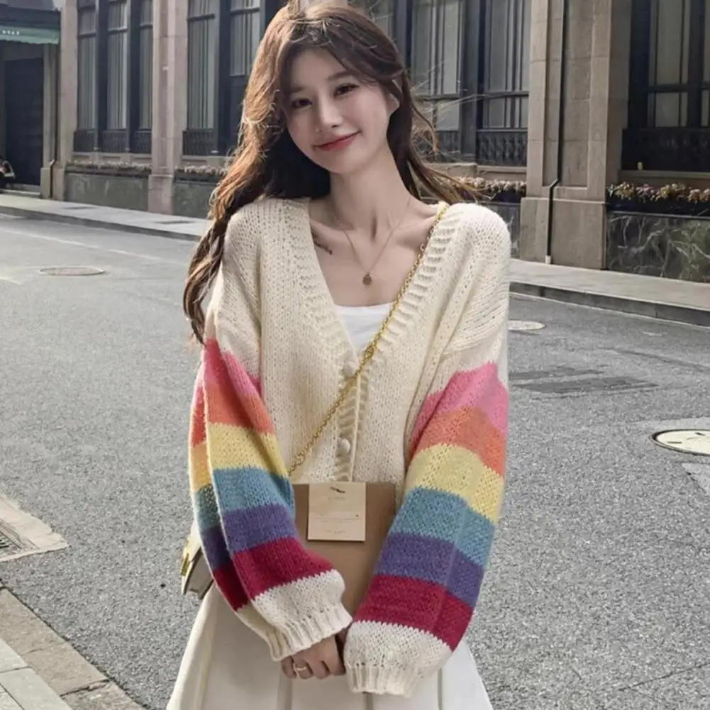 Fashion Rainbow Sweet Cardigan Sweaters Women Autumn Thin Casual Korean Knitted Coat V-Neck Loose Long Sleeve Tops Outwear