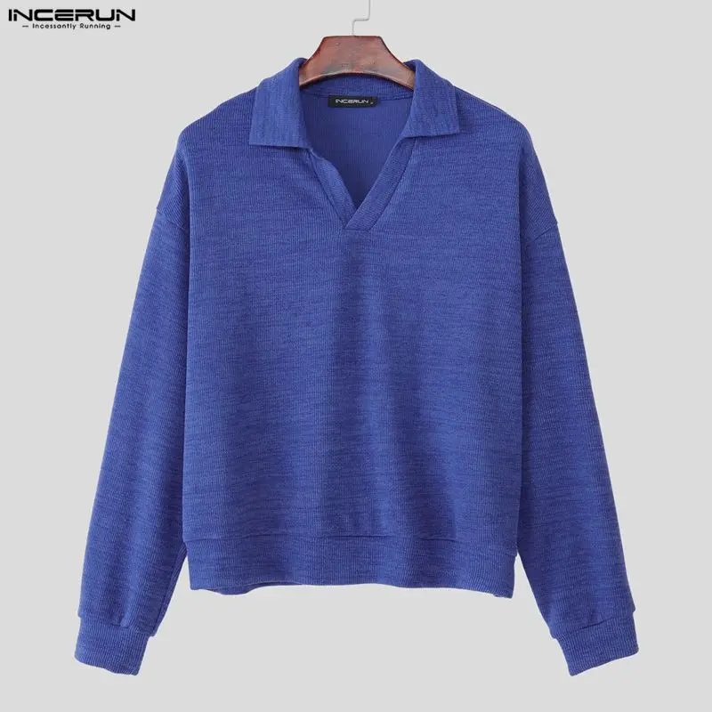 

INCERUN Men Sweaters Solid Lapel Long Sleeve Knitted Pullovers Men Streetwear Spring Autumn 2025 Fashion Casual Men Clothing