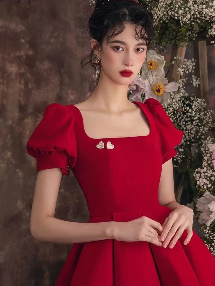 Wine Red Elegant Dress Woman Solid Color Square Collar Beaded Short Sleeve Mid-length A-line Skirt Fashion Evening Gown M360