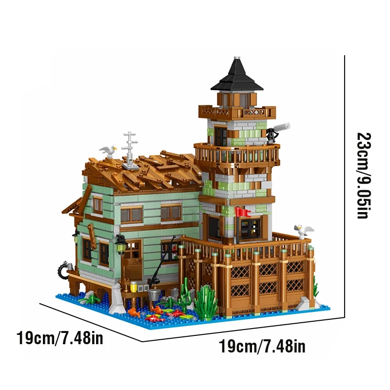 Blocos de construção da vila pesqueira, 1881 peças, casa de praia, criativa, diy, diy, modelo street view, quebra-cabeça tijolos, brinquedo, presente