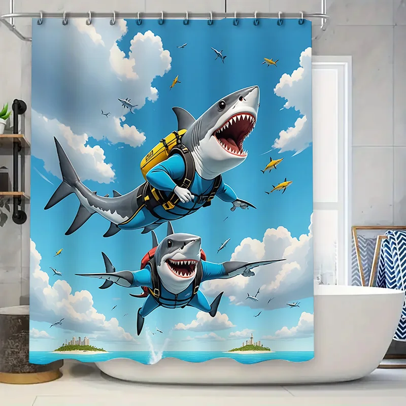 

‌ Очаровательная занавеска для дайвинга с изображением акулы ‌ Два акулы в подводных снаряжении, шияющее небо, идея для декора ванной комнаты, любители акулы, дополнительный крючок