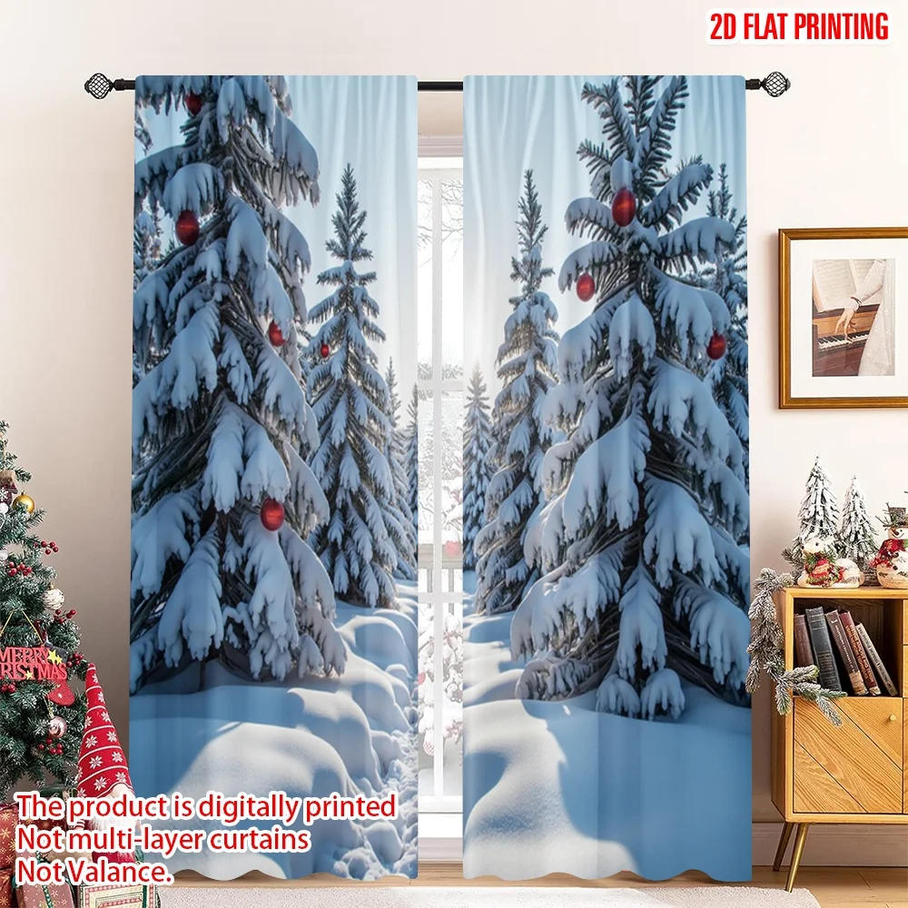 

2pcs 2D flat printing Christmas Window Drapes Christmas Trees Snow Winter Season 100% Polyester Without Electricity Holiday