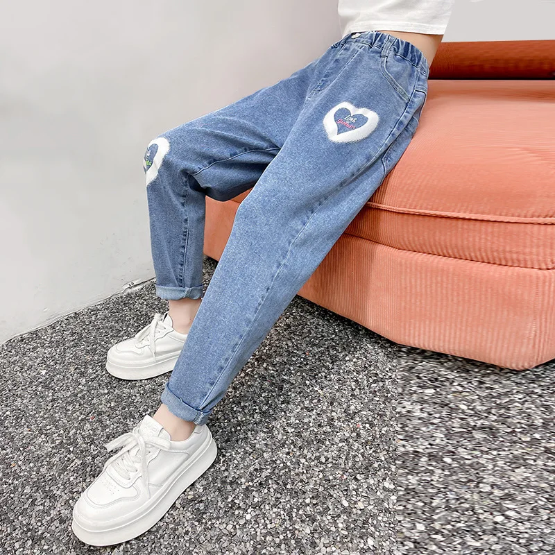 

Love Jeans for Girls Spring Split Flared Trousers Elastic Straight Pants Teen Children Jeans School Kids Mid Waist Denim Pants