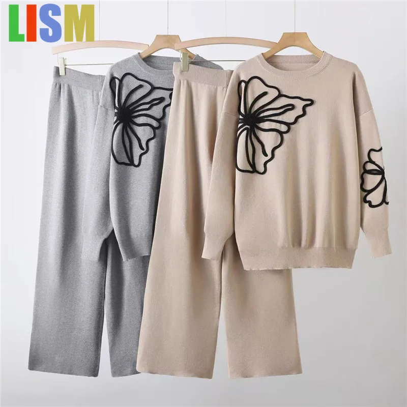 

LISM Winter outfit Women's tracksuit pant sets sweater set, women's floral line versatile top two-piece set matching set new