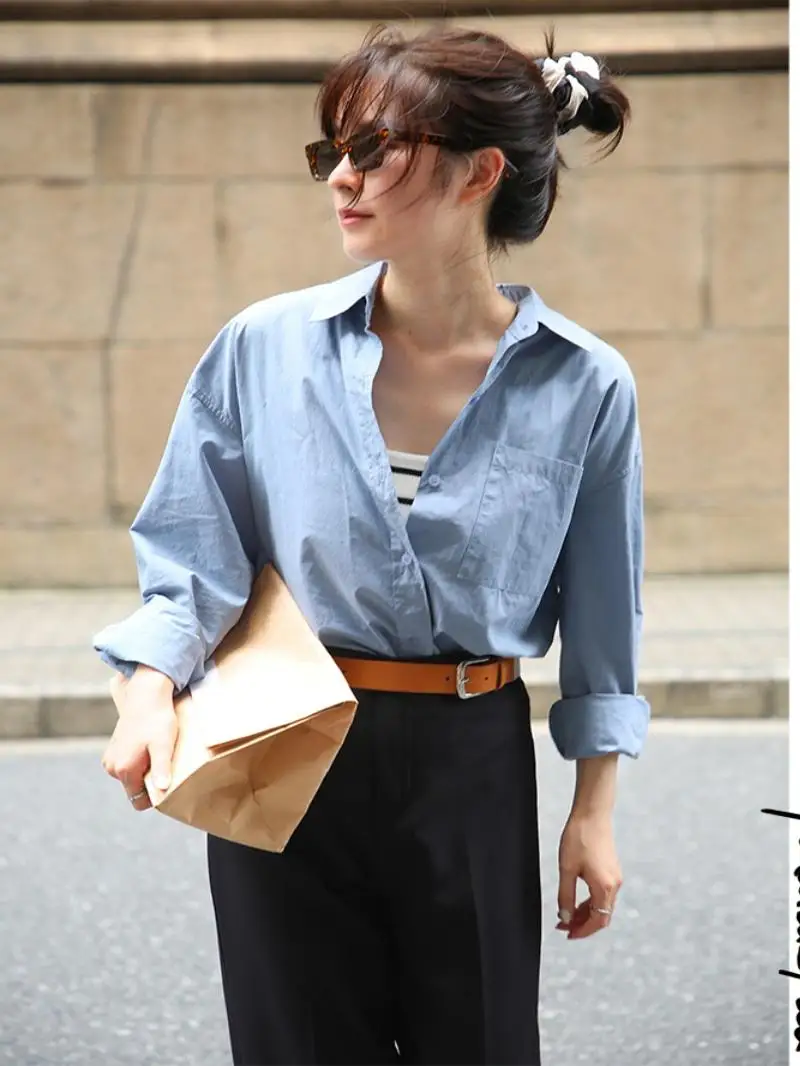 

Blue irt Spring New Sle Single Side ket ape Long Sve Collar Women's Luxury Sensation Casual Faion Top