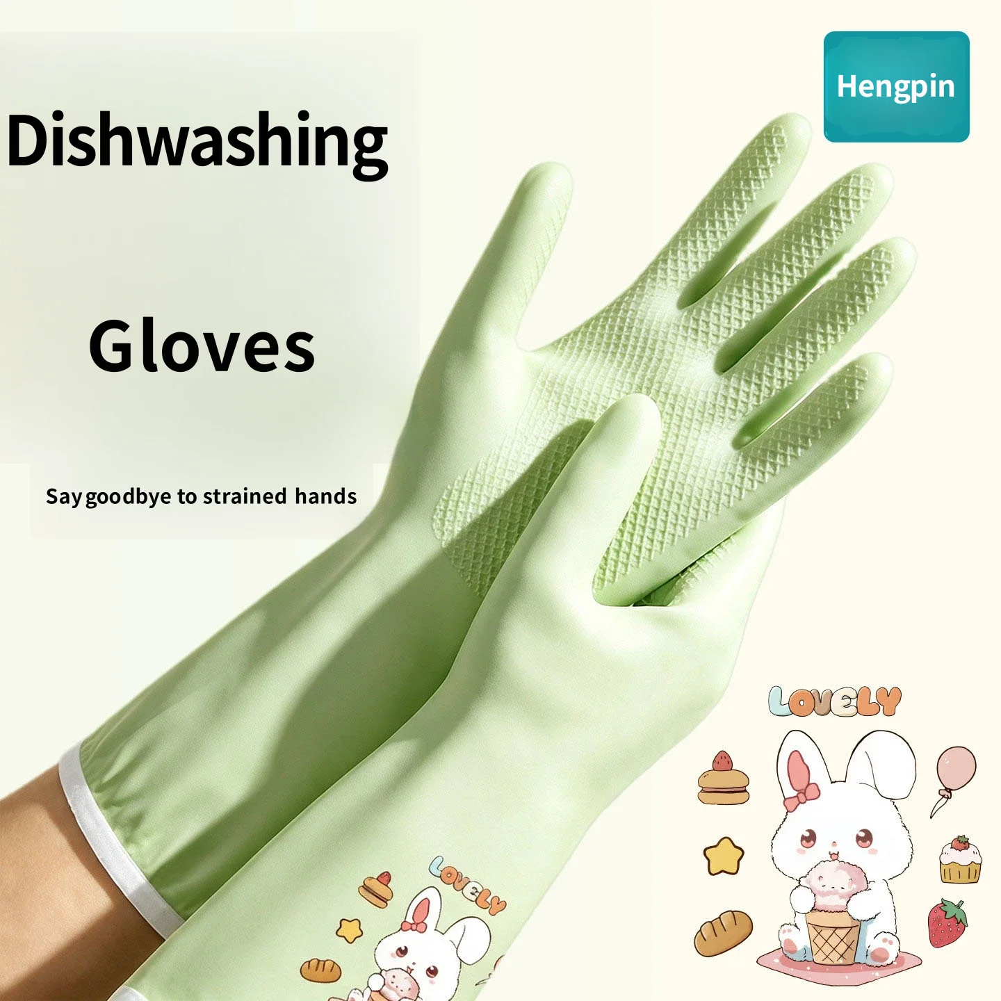 Cartoon Kitchen Cleaning Gloves 2Pcs Non-slip Waterproof Dishwashing Gloves Hanging Design Household Rubber Gloves Free 10 Masks