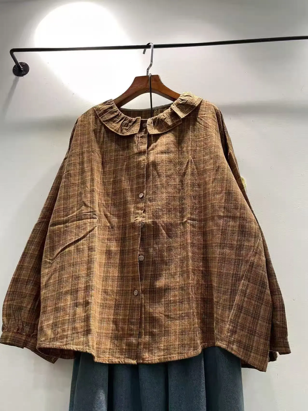 Women Cotton Plaid Shirt Mori Girl Japanese Style Ruffle Peter Pan Collar Long Lantern Sleeve Blouse Loose Oversized Tunic Top