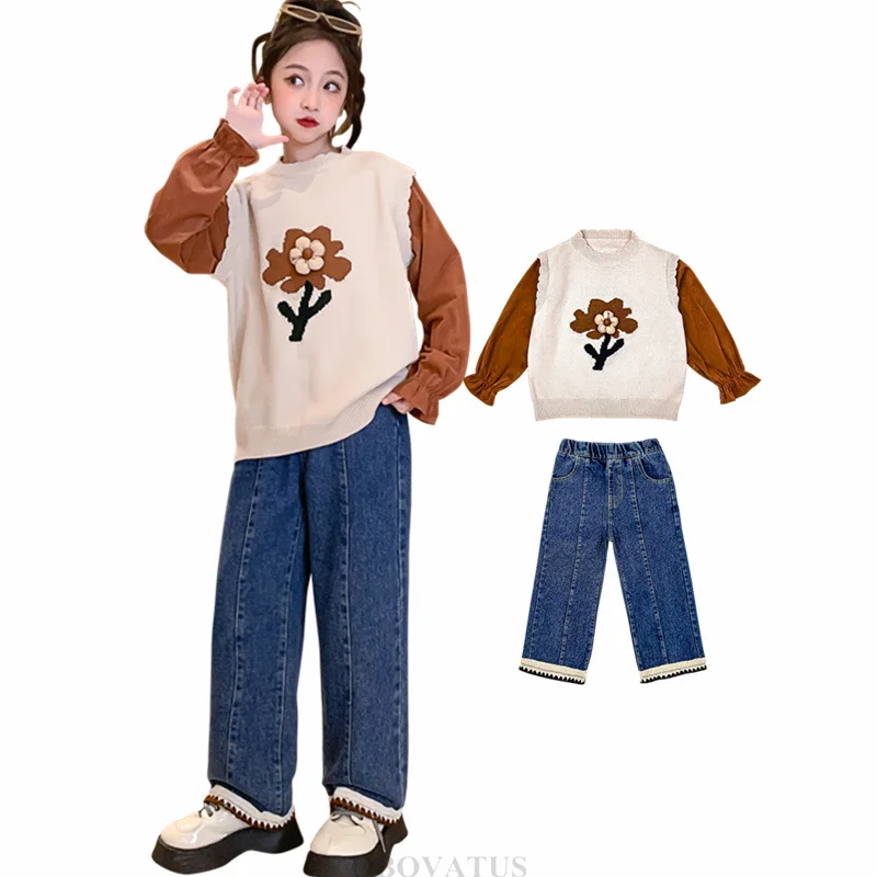 Fashion Girls Spring Fall Clothing Set Sweatshirt Jeans 2 Pieces Clothes Suit Teenage Child Causal Outfit Child Flower Tracksuit