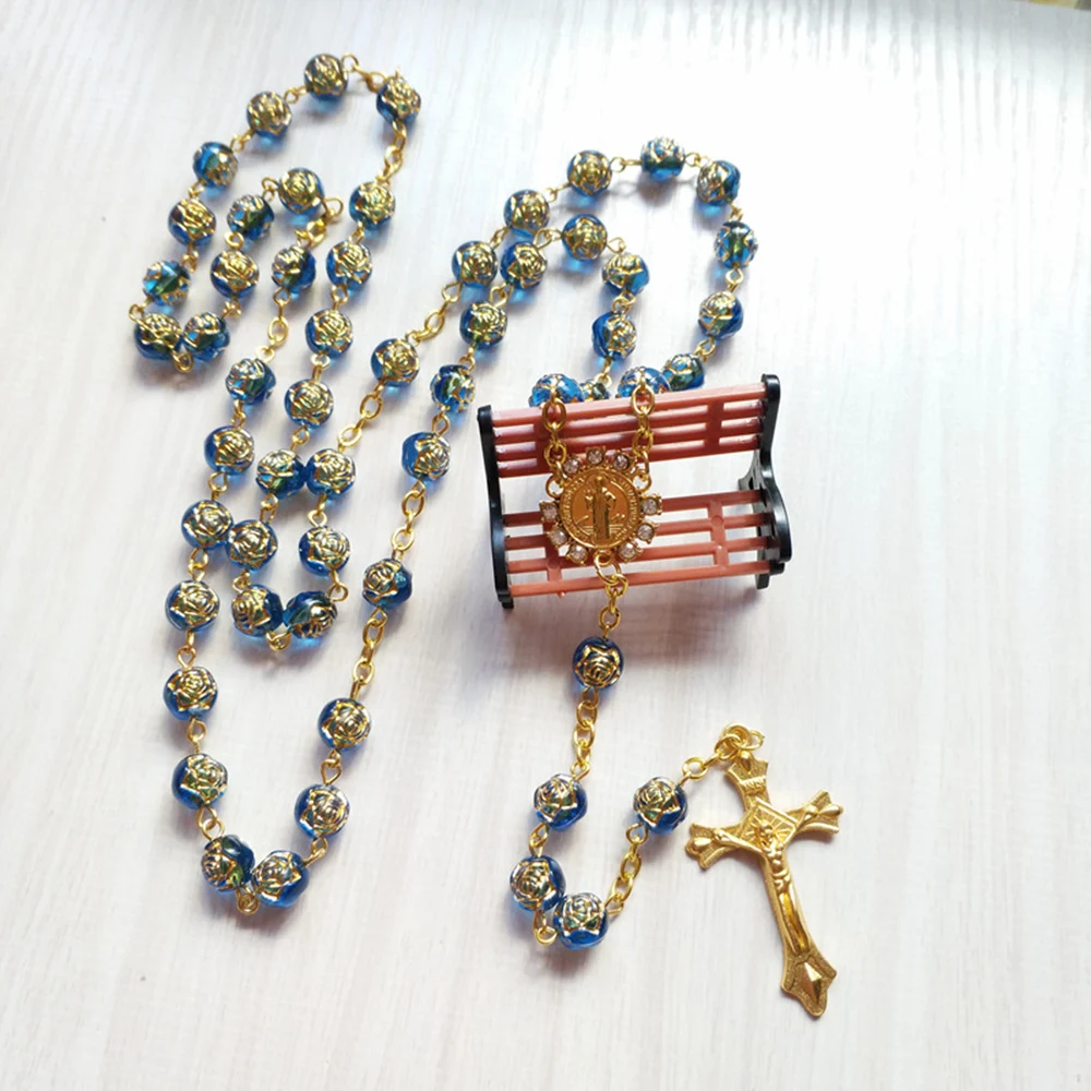 Diyalo Religious Blue Rose Prayer Beads Chain Rosary Necklace   Rhinestone St Benedict Medal Crucifix Cross Pendant Jewelry