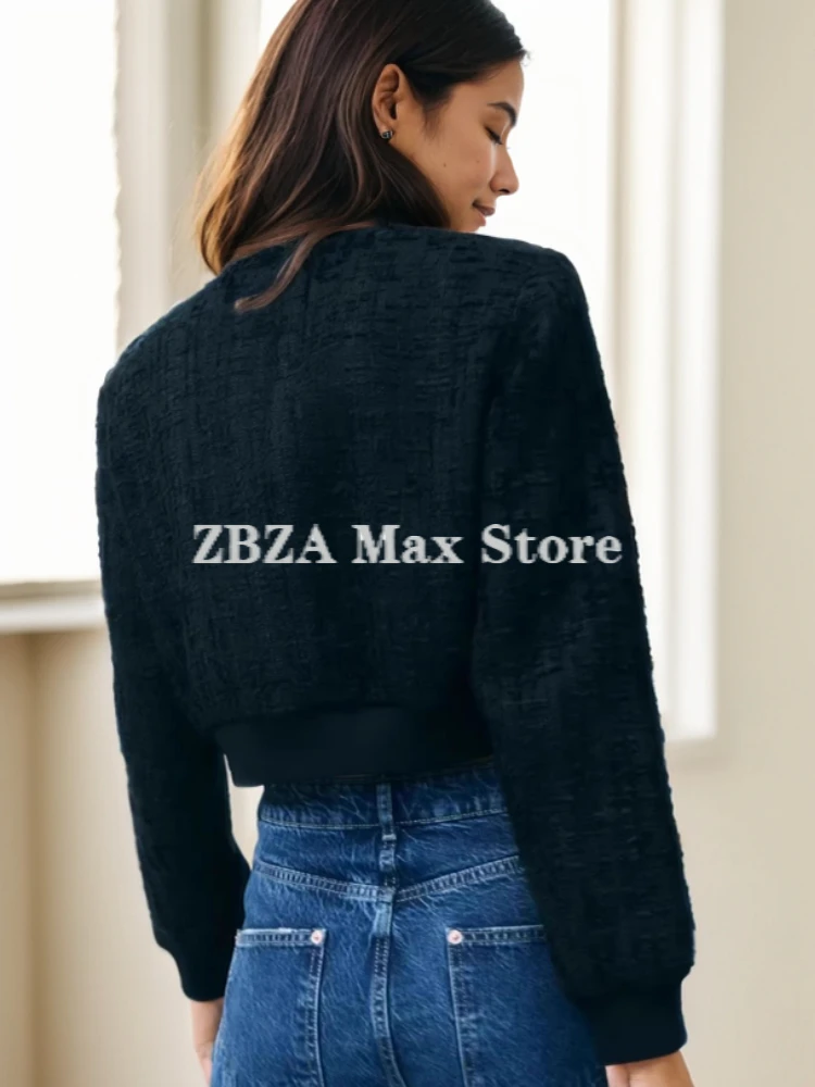 ZBZA Donna Texture giacca corta pilota Collo rotondo monopetto tinta unita manica lunga temperamento Gioventù high street cappotto corto primavera