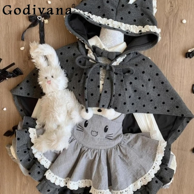

Halloween Sweet Cute Set Lady Polka Dot Cape Top Slim Fit Shirt Cake Strap Dress Three Piece Suit Women's Lolita Style Outfits