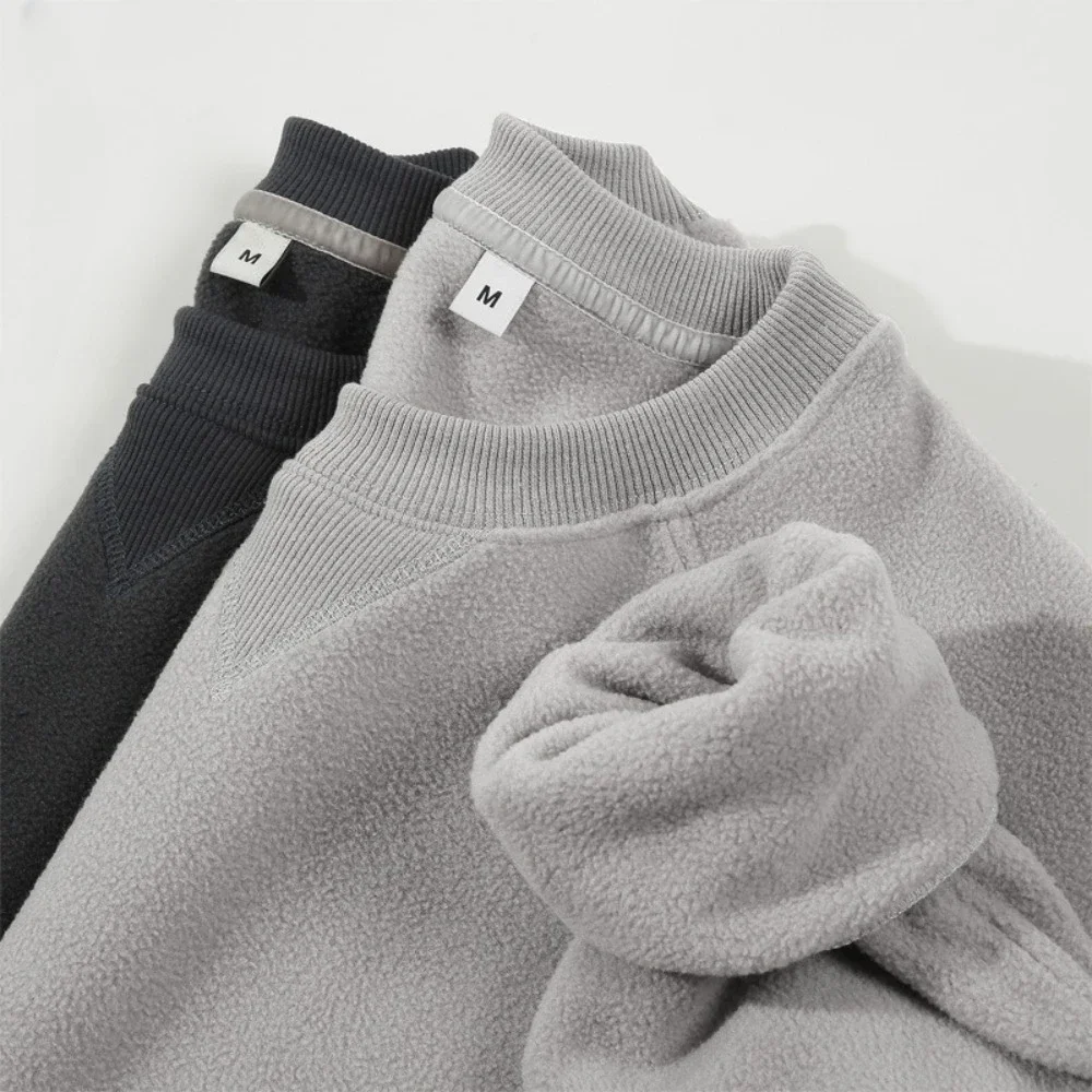

Korean Style Men's Warm Fleece Sweatshirts Winter Warm Solid O-Neck Pullover Tops for Men High Quality Casual Hoodies Streetwear
