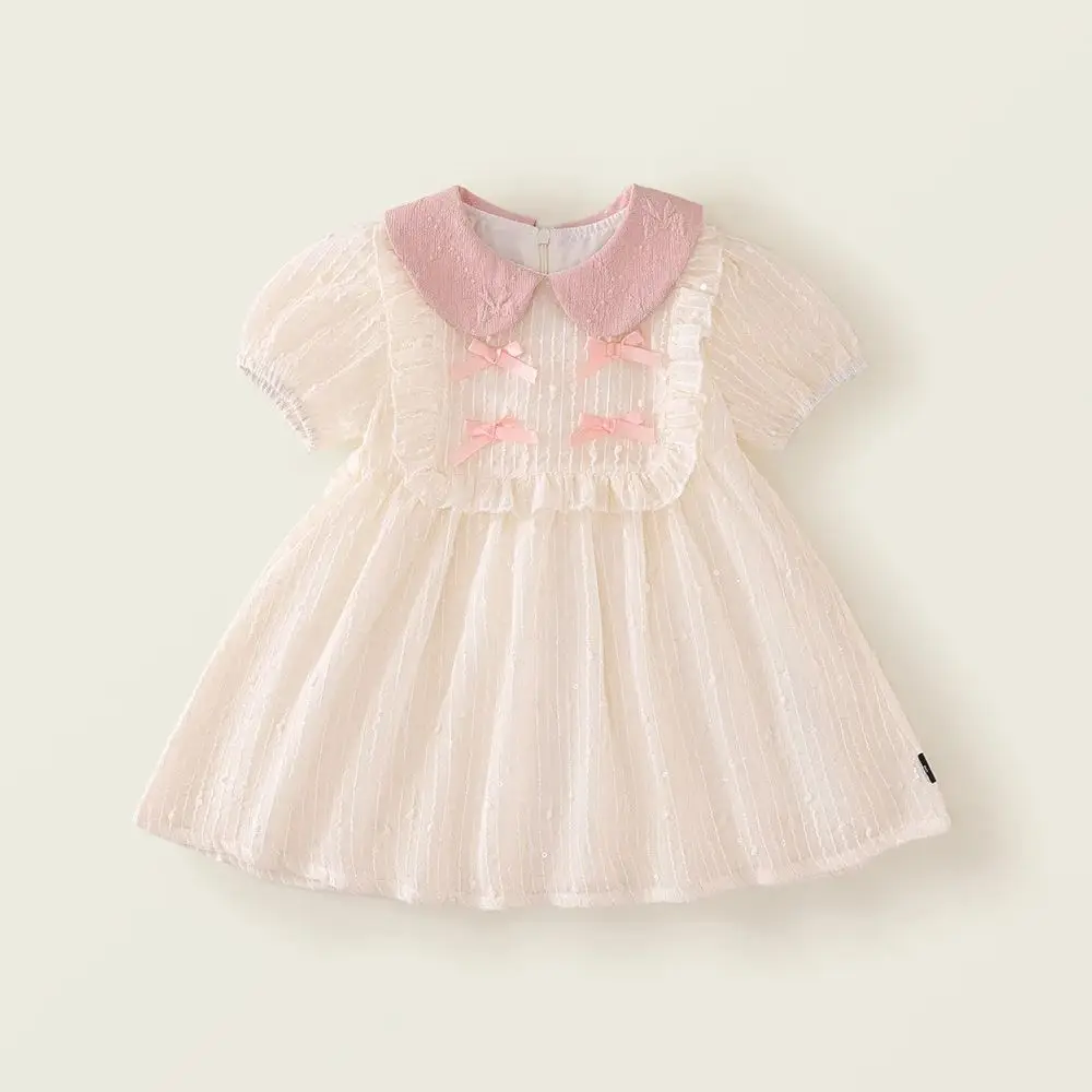 

Children Dresses 2025 Summer New Baby Girl Clothes Bow-Tie Lapel Short Sleeves Kids Casual Dress Sweet Princess Dress 2-8 Years