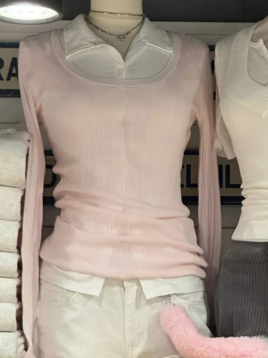 Camisetas ajustadas de manga larga de punto rosa para mujer, camiseta suave de algodón con cuello en U a la moda, camiseta informal de estilo Preppy Y2K