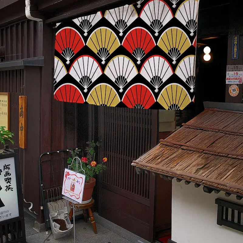 VIKAMA Japanese Short Curtain Black Red Gold Fan Pattern Print Cafe Curtain For Kitchen Window Restaurant Bar Entryway Decor