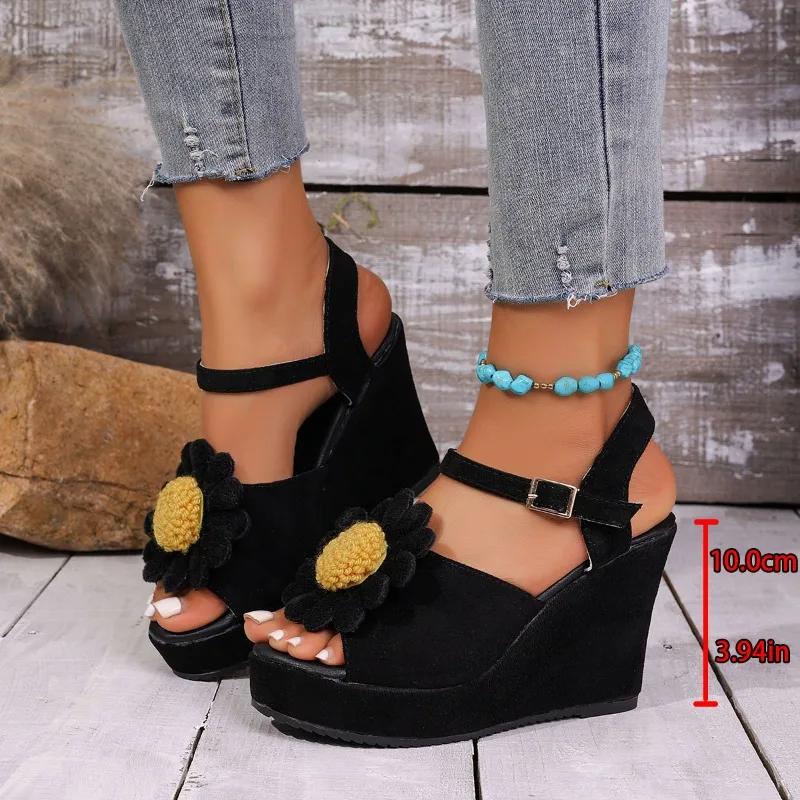 

Сандалии на танкетке, новые летние замшевые туфли-лодочки на нескользящей платформе с круглым носком и цветочным ремешком