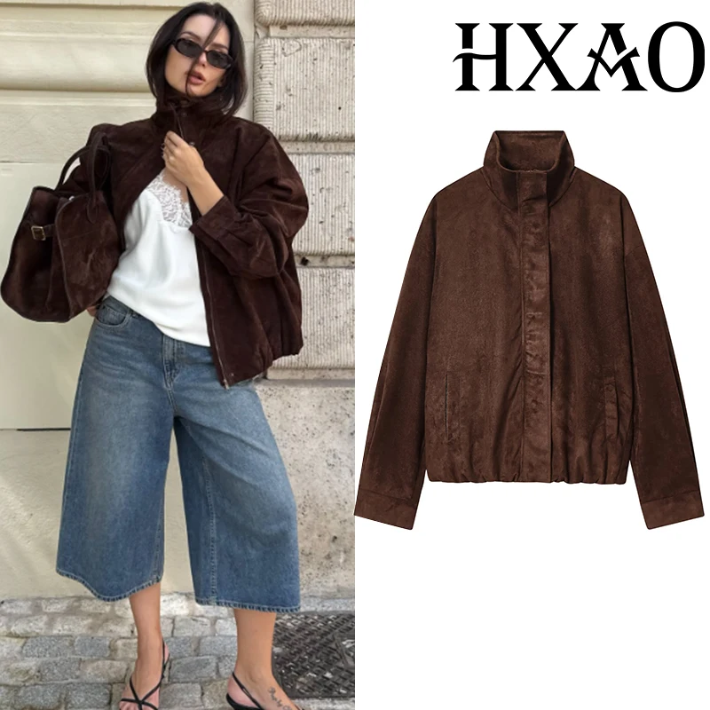 

HXAO Замшевая куртка женская демисезонная куртка-бомбер пальто оверсайз с длинным рукавом укороченная коричневая куртка с высоким воротником на молнии женские куртки
