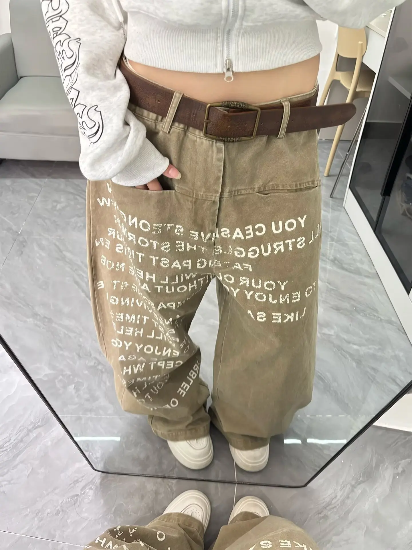 Pantalones vaqueros de pierna ancha holgados de color caqui con estampado de letras para mujer, ropa de calle Vintage de estilo callejero Unisex, pantalones vaqueros informales para mujer, novedad