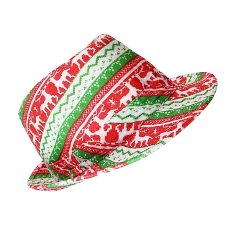 Short Brim Fedora Christmas Reindeer Print Magician Hat for Boy Men Adults Cap