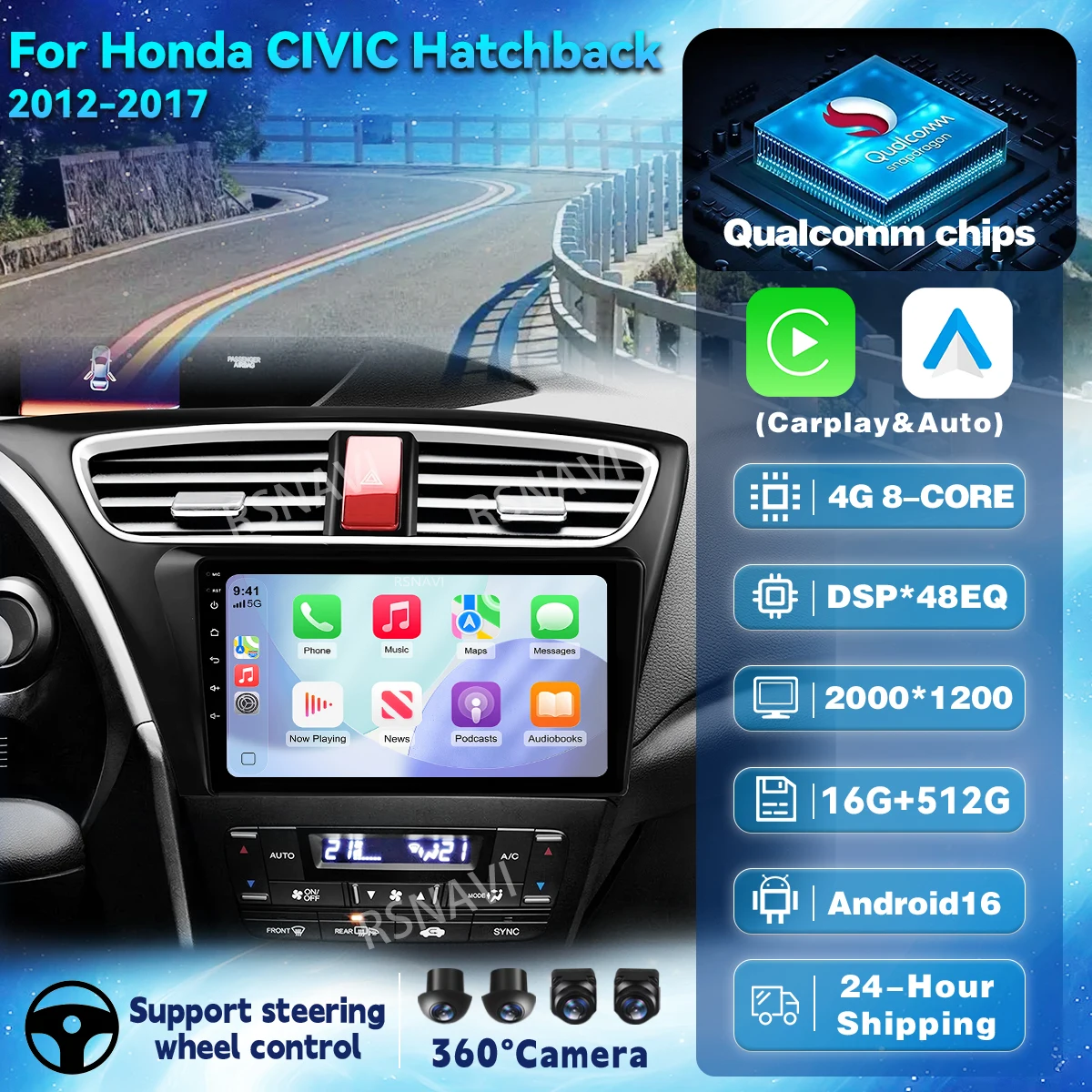 Android 16 Carplay Autoradio für Honda CIVIC Hatchback 2012 2013 2014 2015 2016 2017 Player Navigation GPS Stereo GPS