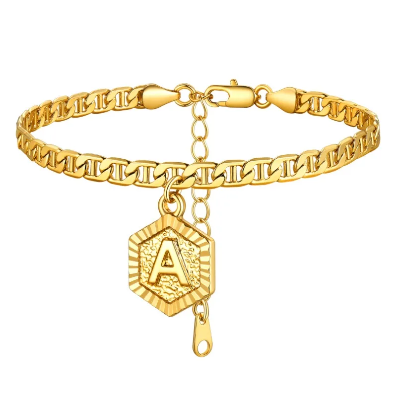 Hexagon Initial letter Mariner Gold Color Chain Anklets Bracelet for Women Teens, Length-Adjustable,