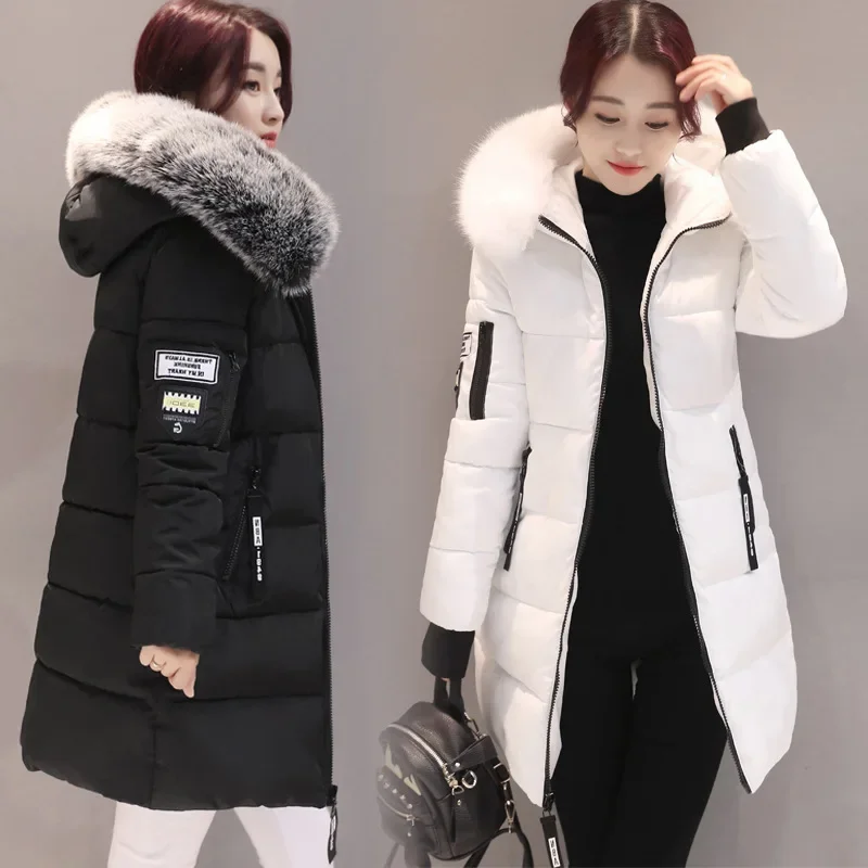 

Women Winter Cotton Coat Hooded Mid Length Outerwear Windproof Warm Long Sleeve Jacket Solid Color Slim Fit Lady Down Coat