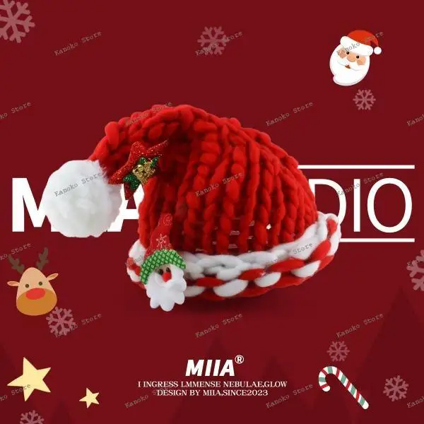 Cheio de atmosfera presente de natal tecido à mão fio grosso vermelho chapéu de natal bonito bola chapéu de malha chapéu frio mulher