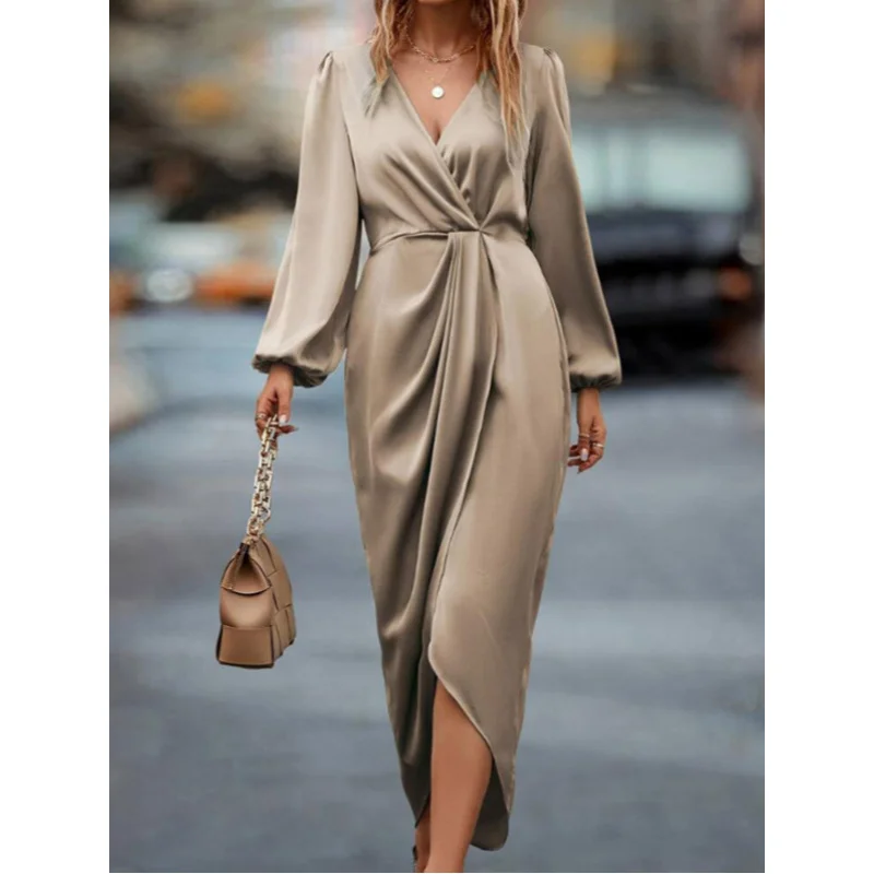 

New2025Spring New Popular European and American Solid ColorVCollar Long Sleeve Tight Waist Split Irregular Dress Women