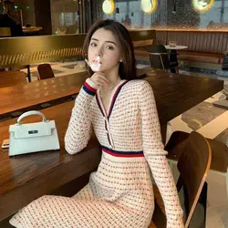 Women Clothes All-match Buttons Knitting V-neck Long Sleeve Midi Dress Autumn Winter Elegant Patchwork Slim Pullover Dresses