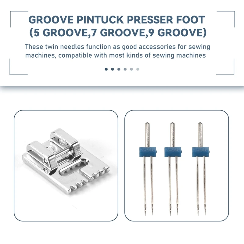 3 Pcs Double Twin Needles Pins (3 Size Mixed 2.0/90 3.0/90 4.0/90) With 3Pcs Groove Pintuck Presser Foot Sewing Machine Accessor