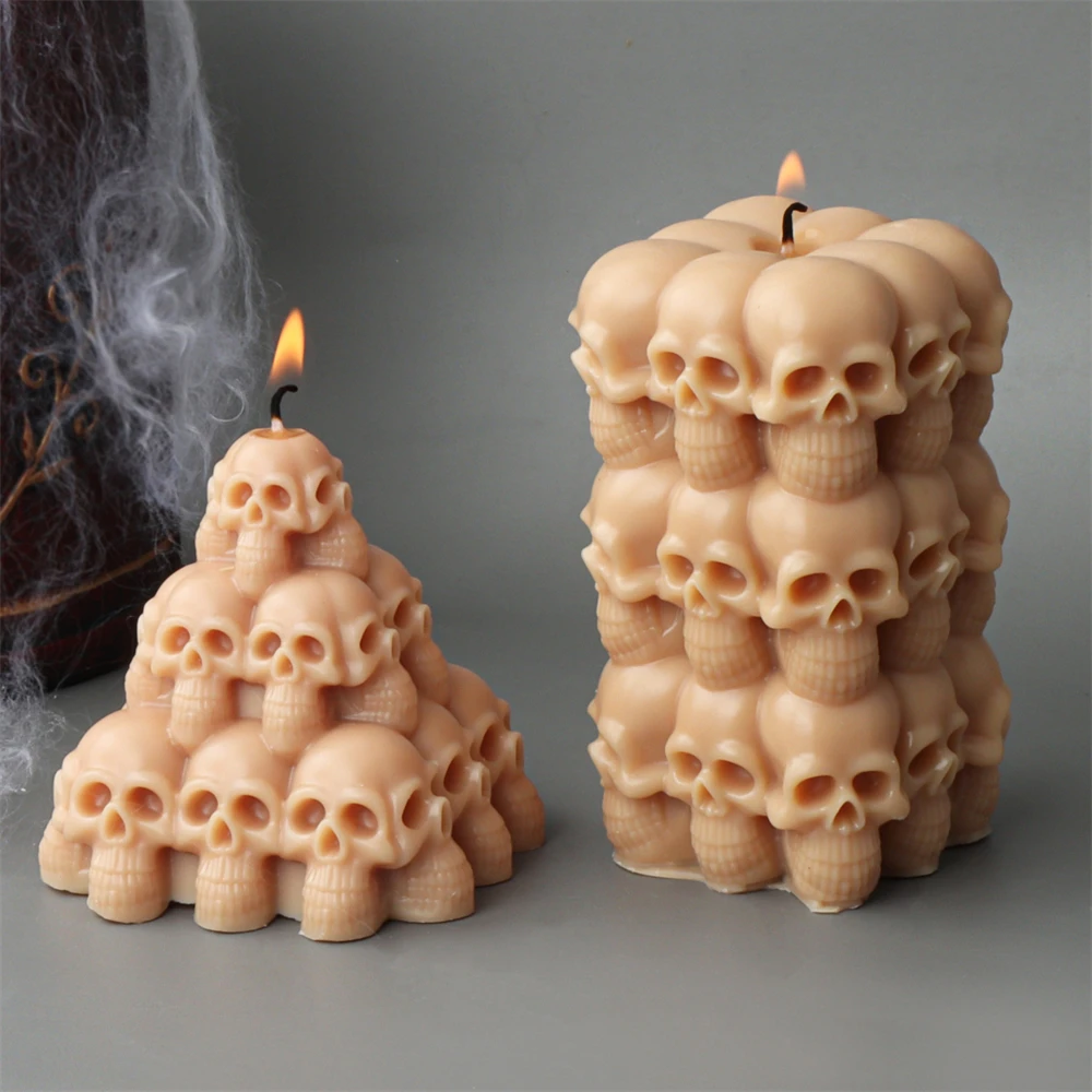 3D Skull Head Mountain Silicone Mold Relief Skull Tower Pillar Scented Candle Mold DIY Halloween Skull Plaster Home Decor Tool