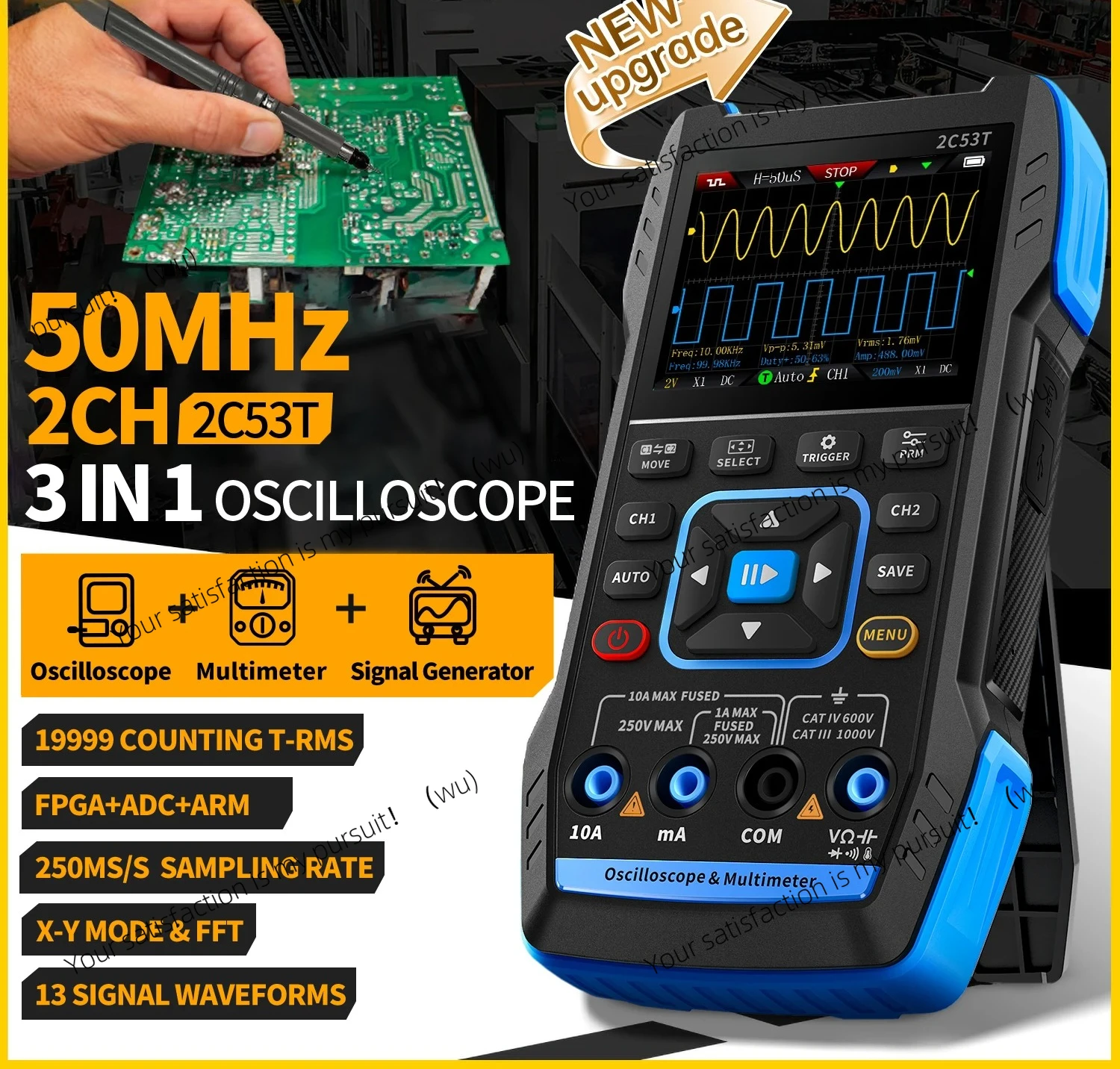 

2C23T 2C53T Обновление 50 МГц Ручной цифровой осциллограф Мультиметр Генератор сигналов 3 в 1 Двухканальные автомобильные инструменты