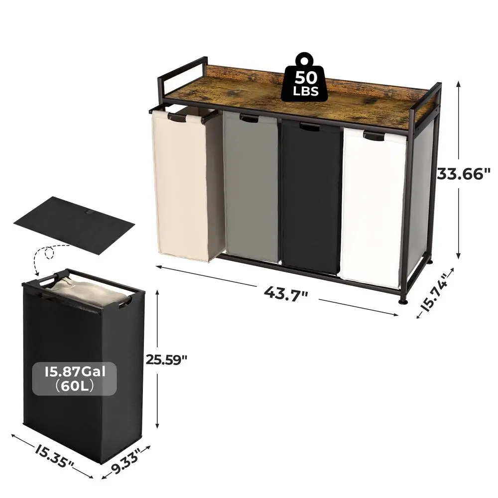 상단 칸막이 및 바퀴가 있는 대용량 4 섹션 세탁물 분류기, 탈착식 가방, 간편한 정리정돈, 다목적 세탁물 바구니