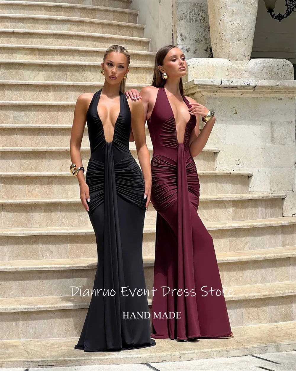 Dianruo Abiti da sera lunghi eleganti a sirena con scollo a V profondo Abiti da festa in chiffon senza maniche Abiti da ballo 2025 Personalizzato