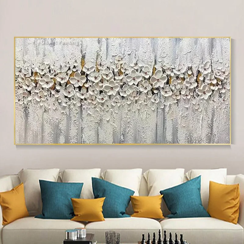 

White Blue Flowers Thick Oil Painting Hand Painted Cherry Florals Canvas Modern Artwork Abstract Wall Art For Home Decoration