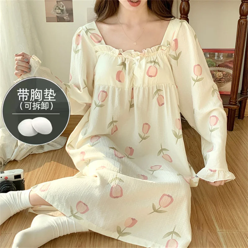 Chest Pad Nightdress Women Long Sleeve Nightwear Dress Sweet Ladie\'s Autumn Nightgowns Large Size Casual Home Clothes M-4XL