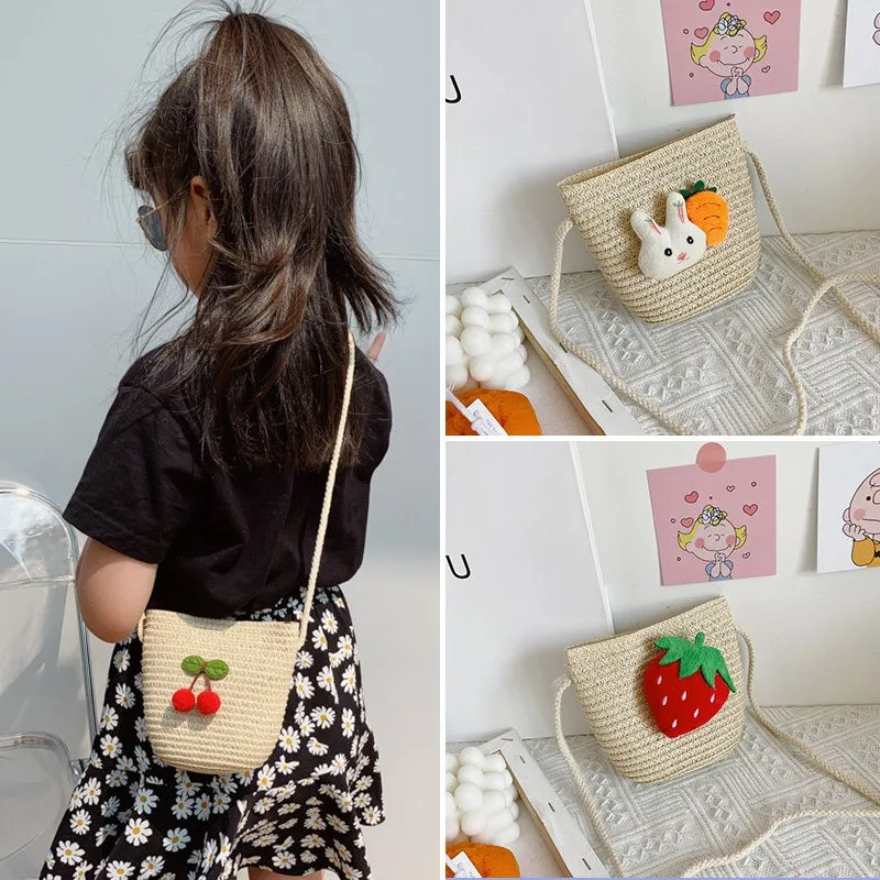 Cute Children's Crossbody Bag Portable Outdoor Travel Basket Weave Soft Handle Bucket Shape Cartoon Cherry Blossom Bag for Girls