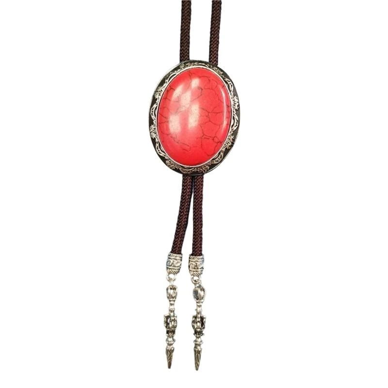 Western Vintage Bolo Tie Necktie Braided Rope Adjustable Necklace with Oval Stone Pendant Jewelry Neckwear Chain
