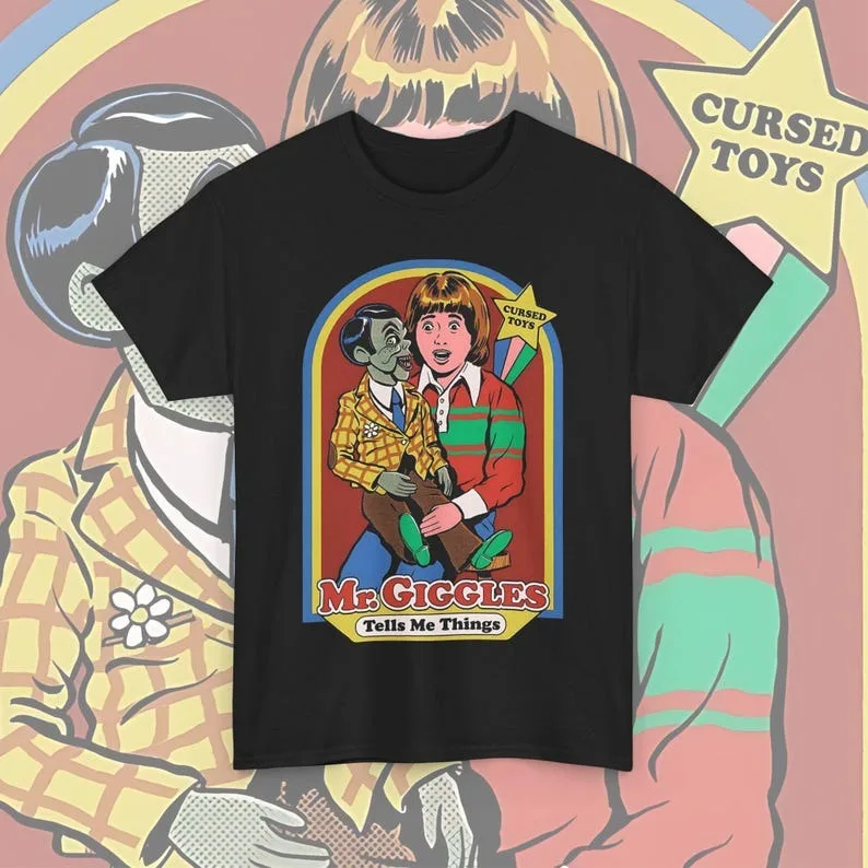 

Mr Giggles Cursed Toy T-shirt, Creepy Doll Tee, Horror Unisex Shirt, Scary Graphic Top, Gothic Halloween Clothing