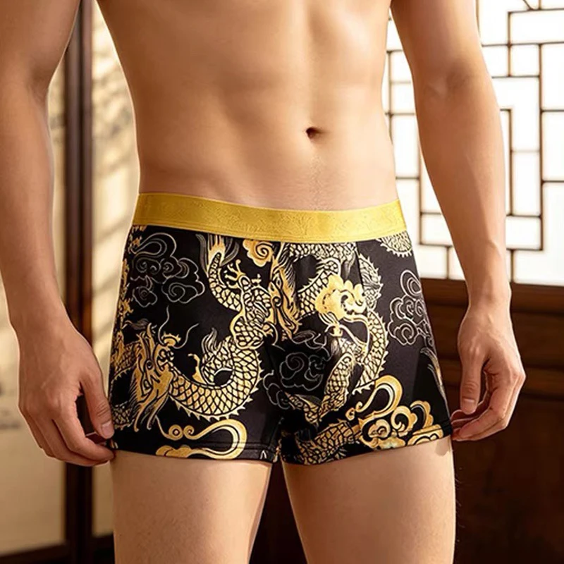 Fashion Boxers Men Underwear Panties Cotton Cueca Masculina Man Dragon Print Breathable Underpants Male Personality Boxer Shorts