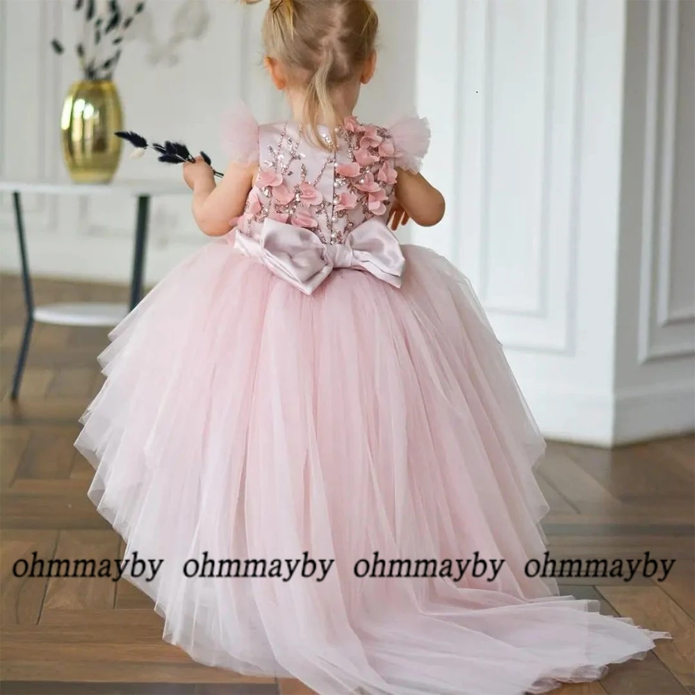 Baby Dress Pink Sequined Evening Dress Custom Flower Cap Sleeve A Line Fluffy Tulle Baby Birthday Dress New Summer Party Dresses